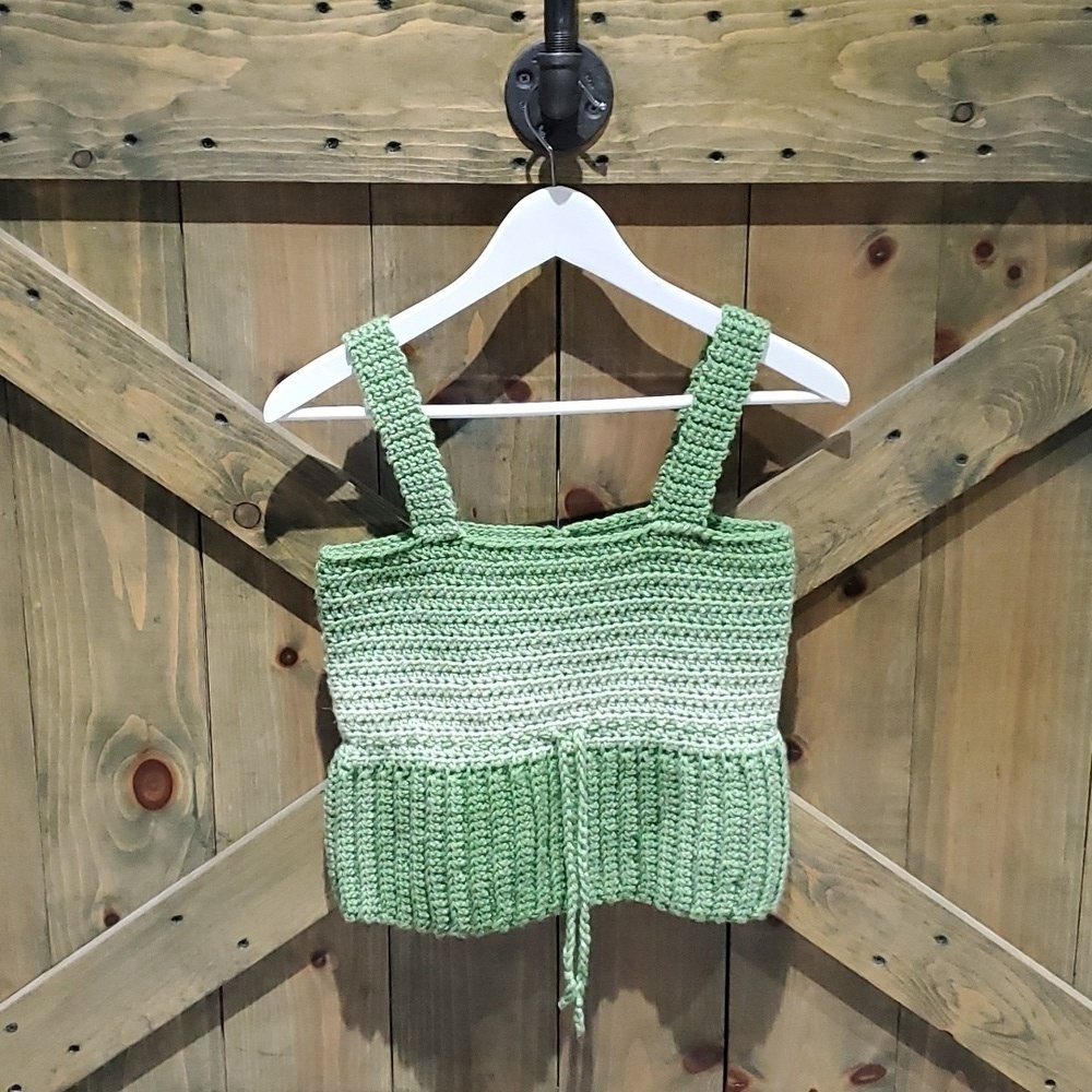 VINTAGE CROPPED KNIT RETRO BOHO GREEN HANDMADE TOP Summer Festival Gypsy